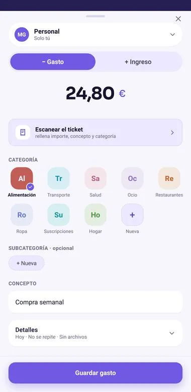 HAVIA — registrar un gasto, con el acceso al lector de tickets